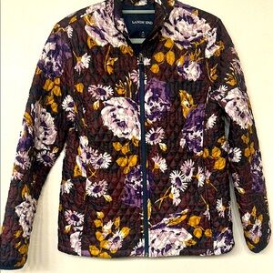 Lands End Women's Quilted Puffer Jacket - Purple and Gold Floral Size M